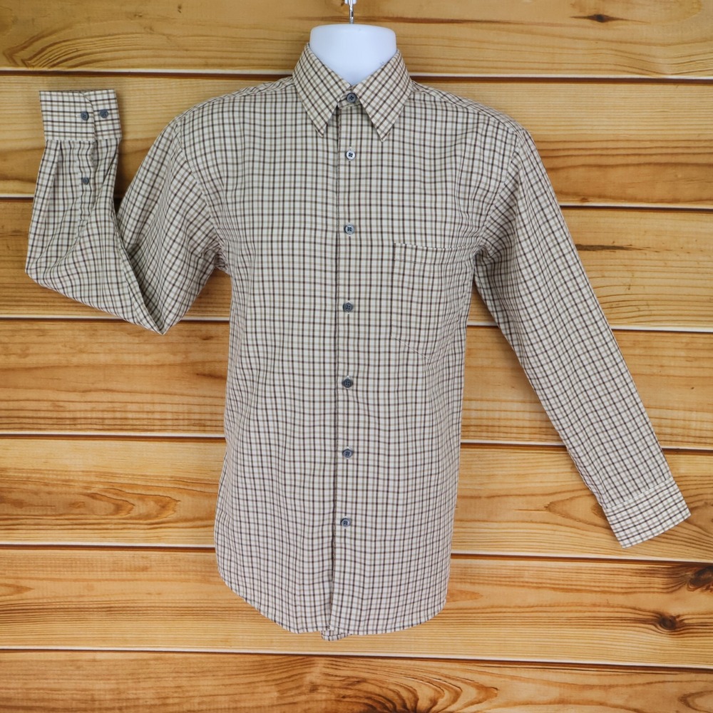 Haggar Dress Shirt Non-Iron Mens Size S Brown Plaid Cotton Blend Point Collar